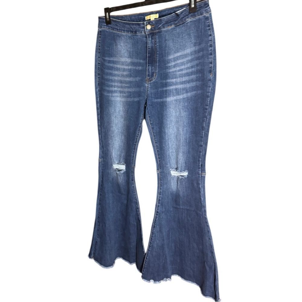 Mid Wash Distressed Knee Flare Jeans | High Rise Stretch | Raw Hem | NWT - Picture 13 of 16